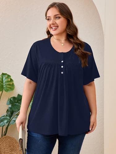 AusLook Plus Size Tunic Tops for Women Pleated Babydoll Blouse Short Sleeve Round Neck Loose Fit Casual Flowy Navy Blue 3X Tunic Shirts Summer Tops to Wear with Leggings - Thumbnail 2