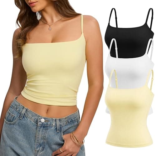 Missclub 3 Pack Square Neck Double Lined Tank Tops for Women Basic Fitted Going Out Outfits Spaghetti Strap Yellow Tank Top S
