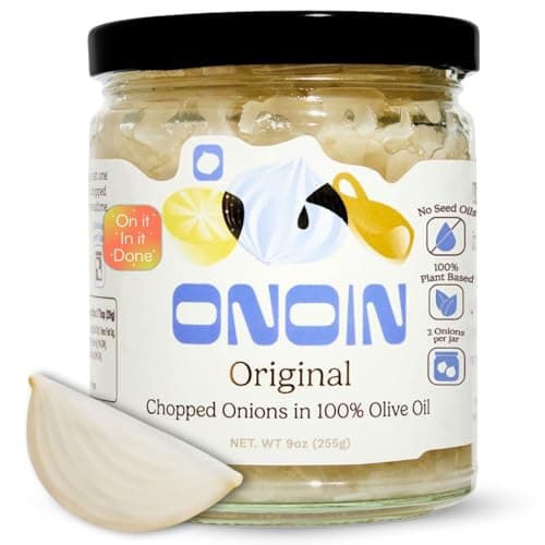 ONOIN Chopped Onions in 100% Olive Oil - Seed Oil Free and Ready-to-Use Flavor Base & Topping | Original, 9 oz (Pack of 1) In Glass Jar | Fresh Marinated Onions and All Natural Cooking Base for Sauces, Soups, & Recipes - Image 1