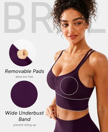 BRXL Lycra Strappy Ruched Sports Bra for Women Breathable Seamless Criss Cross Back Light Support Padded Bras Exercise Yoga Purple S - Thumbnail 2