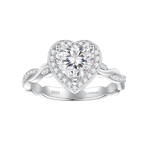 SILVERNANA 1.5ct Heart Cut Moissanite Engagement Ring for Women 925 Sterling Silver Twisted Vine Heart Halo Promise Ring Size 4 - Image 1