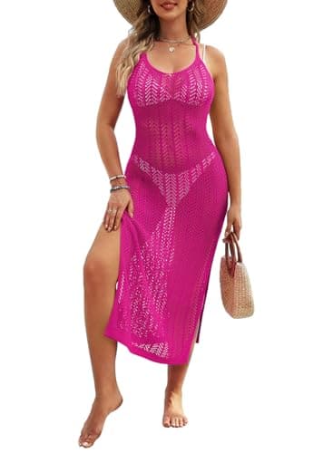 Pink Queen Bathing Suit Cover Up for Women Swimwear Summer Beach Outfits Crewneck Halter Backless Vacation Swimsuit Coverup Rose Red S - Image 1