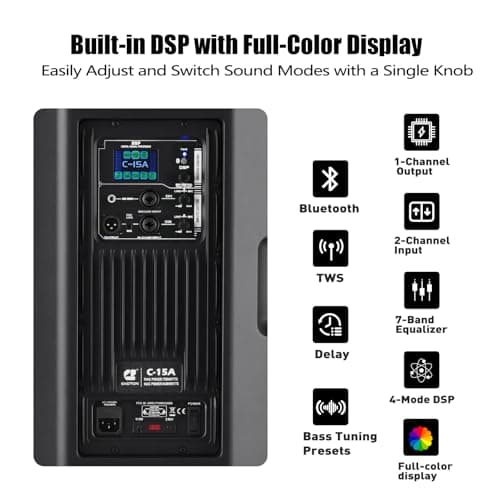 EXOTON C-15A 1400W High Power Active PA Speaker, 15" 2-Way Loudspeaker with LCD Color Screen, Bluetooth 6.0, TWS, 4 DSP Modes & 123dB Max SPL, for DJ, Live Performance,Stage Monitor - Thumbnail 3