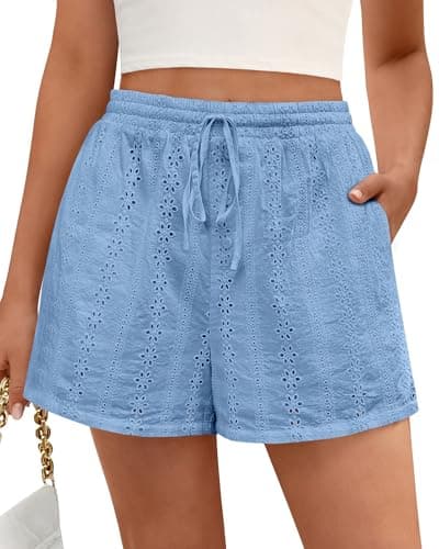 KIRUNDO Lace Shorts for Women Summer Cute Boho Eyelet Elastic Waist Drawstring Casual Lounge Shorts Beach Vacation Outfits(Light Blue, Small) - Image 1