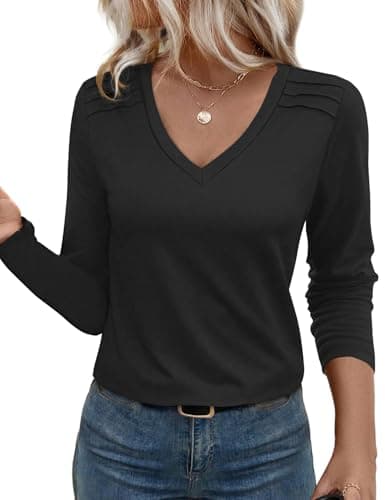 JUSTFASHIONNOW Pleated Long Sleeve Shirts for Women V Neck Dressy Casual Business Blouses Fall Tops 2025 Trendy(Black,XX-Large)