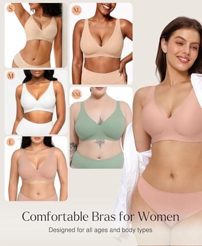 Seamless Bras for Women No Underwire Push Up Bra Comfy Wireless Supportive Bralettes Deep V Comfortable Tshirt Bra Nude L - Thumbnail 5