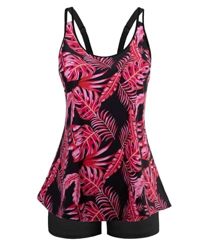 Arolina Women's Tankini Swimsuits Scoop Neck Adjustable Straps Bathing Suit Fashionable Tankini Sets Red Leaves Print Large - Image 1