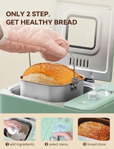 Neretva Bread Maker, 20-in-1 2LB Bread Machine Dual Heater & Nonstick Ceramic Pan Bread Makers Machine All Metal Compact for Gluten Free/Dough Maker/Meat Floss/Jam/Yogurt/Breadmaker Recipe-Light Green - Thumbnail 4