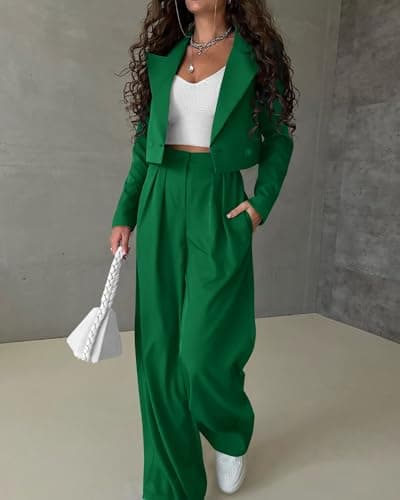 KIRUNDO Womens Suits 2 Piece Set Cropped Blazers & Suit Jackets and Wide Leg Pants Sets Interview Outfits Spring Fall Clothes(Green, XX-Large) - Thumbnail 5