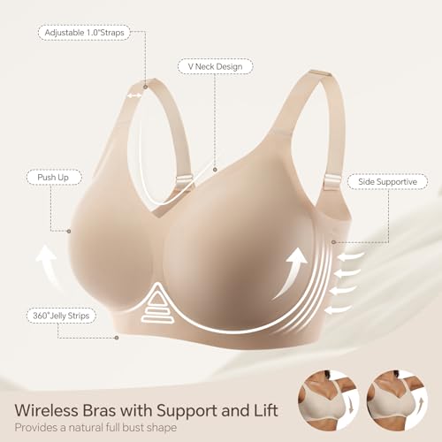 UIMERO Wireless Bras for Women No Underwire Supportive Jelly Bras Comfort Full Coverage Everyday Seamless T-Shirt Sports Bras Nude - Thumbnail 5