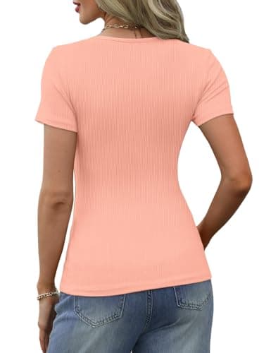 GKBK Ribbed Short Sleeve Tops for Women Henley V Neck Top Slim Fitted Tight Basic Tee Tshirts Cute Summer Tops 2025 Trendy Going Out Workout Outfits Pink S - Thumbnail 4