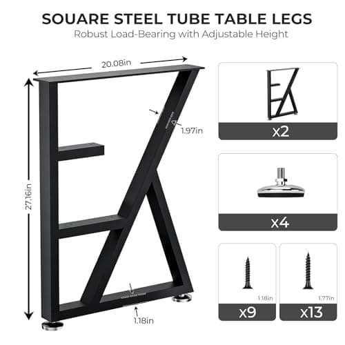 SNYXXOZ Table Legs 28”H x 20”W Heavy Duty Metal Furniture Legs K Shape for Dining Table Kitchen Table Office Desk Table Base Replacement with Adjustable Feet Pads Screws 1000 LBS Load Black Set of 2 - Thumbnail 2