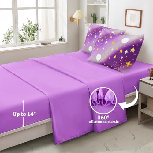 HICAND 5 Pcs Twin Bedding Sets for Girls, Purple Glitter Rainbow Bed in A Bag Twin Size Bed Set, Stars Galaxy Bedding Comforter Set for Girls - Thumbnail 3