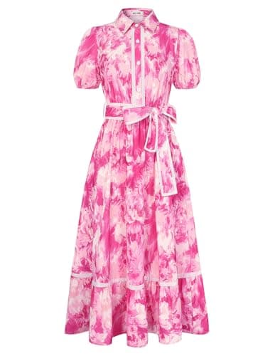 GRACE KARIN Women Summer Floral Maxi Dresses 2026 Wedding Guest Puff Sleeve Shirt Sundresses Boho Spring Clothes with Pockets Rose Floral S - Image 1