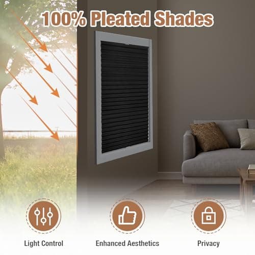 Zipcase 6 Pack Window Blackout Shades, 100% Shading Cordless Light Filtering Pleated Paper Shades, 36 in x 72 in(Fits Windows 19”- 36”), Black - Thumbnail 2