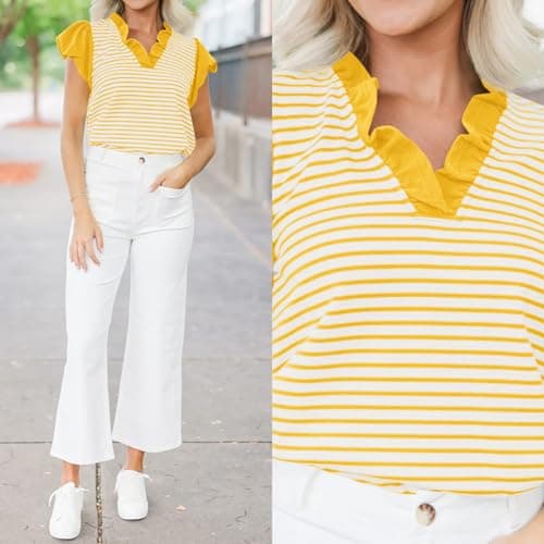 Tankaneo Womens Ruffle Cap Sleeve Tank Tops Summer Casual Cute Color Block Striped Tshirts Pleated V Neck Shirts Yellow - Thumbnail 2