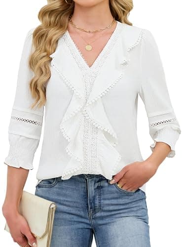 Funlingo Blouses for Women Dressy Casual 3/4 Length Sleeve Womens Tops Ruffle V Neck Lace Crochet Shirts Spring Trendy Clothes White S - Image 1