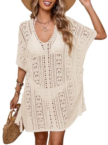 BreathSunny Womens Crochet Knit Short Cap Sleeve Swimsuit Coverup Summer 2025 Oversized V Neck Side Slit Mesh Swimwear Coverups Beach Swim Bikini Bathing Suit Cover Up Dress for Women Cream White XL - Image 1