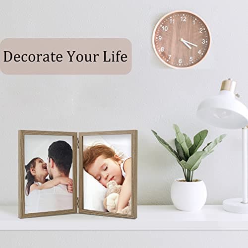 ORIVAN 5x7 Double Picture Frames Hinged Folding Photo Frames Vertical Stand Frames (Wood Grain) - Thumbnail 4