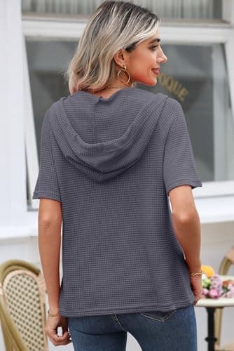 Dokotoo Womens Summer Tops Button Up V Neck Short Sleeve Shirts for Women Drawstring Hoodie Sweatshirts Casual Loose Blouses Lightweight Waffle Knit Fashion Outfits Trendy Clothing Dark Grey X-Large - Thumbnail 5