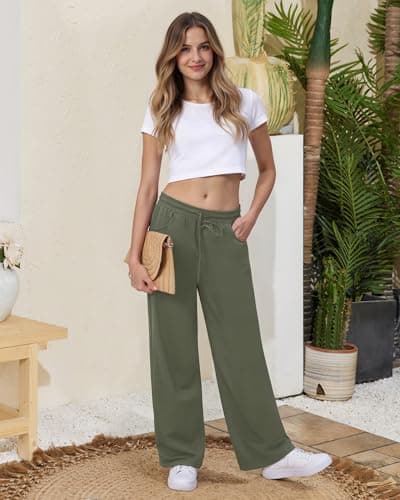 JEKAOYI Wide Leg Pants for Women Flowy Palazzo Drawstring Elastic Waist Trousers with Pockets Summer Beach Vacation Pants Grey Green - Thumbnail 6
