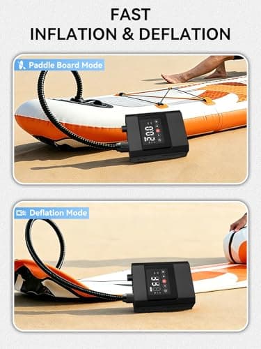 AIRSURE 20PSI High Pressure Electric Paddle Board Pump, Rechargeable Battery-Powered, Electric SUP Air Pump with 12V DC Car Connector, Intelligent Dual Stage for Inflatable Paddle Board, Kayak, Boats - Thumbnail 5