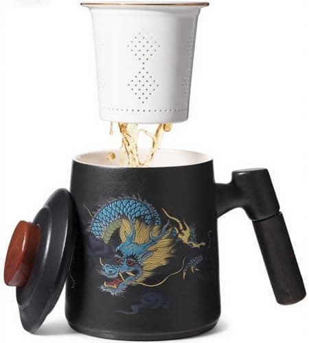 Foinly Ceramic Tea Cup with Infuser and Lid, 13.5 oz Tea Mug for Loose Leaf Tea,Wood Handle,Chinese Dragon Design,All Porcelain Strainer,BPA-Free, Perfect for Tea Lovers/Birthday/Mother's Day (Black） - Image 1