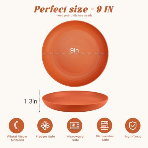 Homienly Wheat Straw Plates, 12-Pieces Unbreakable Dinner Plates - 9 Inch Alternative to Plastic Plates, Unbreakable Microwave and Dishwasher Safe Plate Set for Kitchen, Camping, Party - Multi - Thumbnail 2