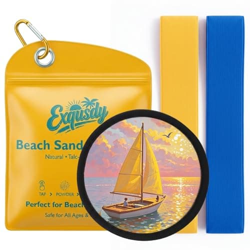 Exqusdy 2 in 1 Sand Remover for Beach + Elastic Towel Bands for Cruise Chair – Powder Puff with Talc-Free Formula, Windproof Holder for Pool & Vacation Must Haves, Toddler Friendly