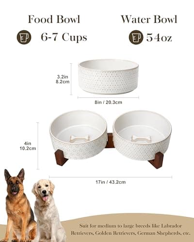 MALACASA Dog Bowl Set with Walnut Wood Stand, 6 Cups Ceramic Pet Bowls for Puppy Dogs, Dual Food and Water Bowls with Non-Slip Base, Basic Bowls for Your Dog, Five-Leaf Grass & Honeycomb - Thumbnail 2