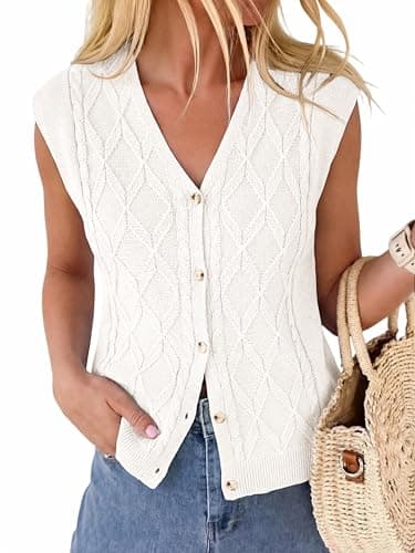 BTFBM Vest Tops for Women Summer V Neck Button Loose Lightweight Cardigan Knit Cap Sleeve Sweater Vests Fashion Clothing(White, Medium) - Image 1