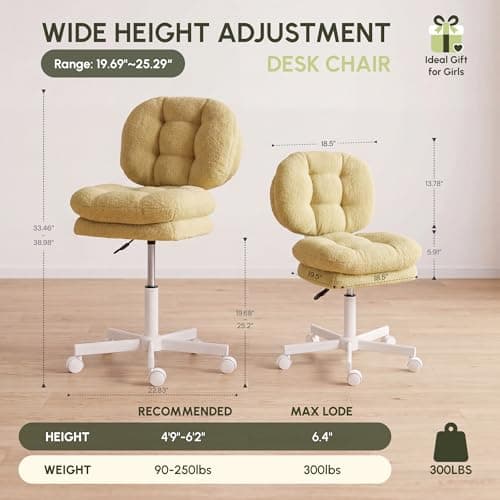 Vanity Chair with Wheels, Double-Layered Thickened Cushion Makeup Chair with High Backrest, Armless Swivel Ergonomic Comfy Desk Chair for Home Office, Adjustable Height for Bar Counter-Light Green - Thumbnail 2