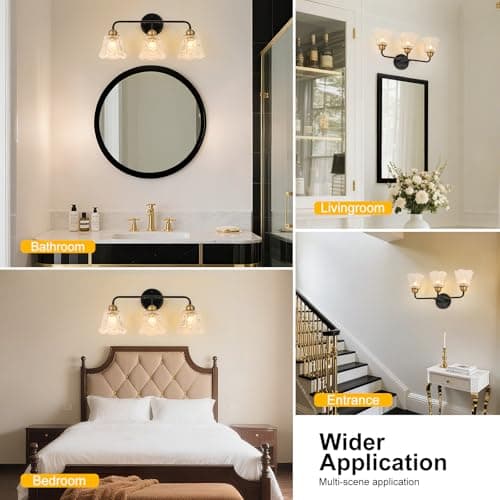 YUNICE 3 Light Bathroom Vanity Light Fixtures Brushed Black and Gold Wall Sconce with White Glass Shade E26 Base Vintage Mirror Lights for Bathroom, Bedroom Antique Brass Wall Lamp - Thumbnail 6
