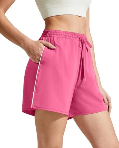 G4Free Athletic Shorts Women Wide Leg Drawstring Elastic Waist Workout Shorts Breathable Built-in Shorts with Pockets (Rosy Pink,XL) - Image 1