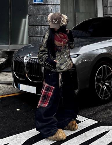 Aelfric Eden Baggy Barrel Jeans Plaid Big Pocket Wide Leg Denim Pants Unisex Casual Oversized Y2K Streetwear Hip Hop Jeans Black 30 - Thumbnail 6