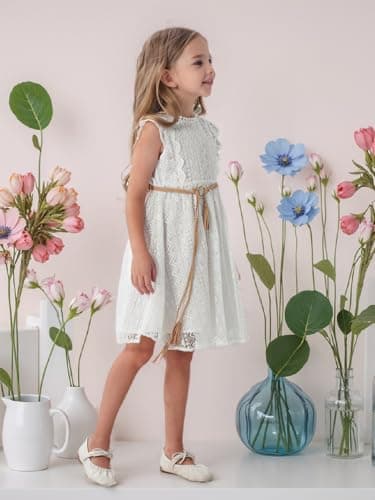 ALLOVIN Toddler and Girls Vintage Boho A-Line Lace Dress with Belt Pom Pom Trim Birthday Party Dress | White | 3-4T - Thumbnail 6