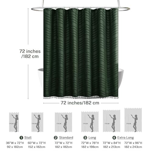 Siiluminisoy Dark Green Boho Shower Curtain with Tassel Woven Fabric Shower Curtain 72 x 72 Modern Farmhouse Textured Tufted Chevron Striped Minimalist Shower Curtains for Bathroom - Thumbnail 5