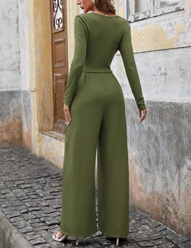 LOOKBOHO Womens Casual Jumpsuits Dressy Long Sleeve Square Neck Belt Wide Leg Long Romper With Pockets Army Green XL - Thumbnail 3