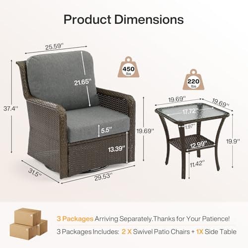 Tribesigns Outdoor Wicker Swivel Chairs Set with Tempered Glass Side Table, 3-Piece Outdoor Patio Furniture Set with 26.8'' Deep Seat, Patio Bistro Sets for Porch, Deck, Backyard, Brown/Gray - Thumbnail 2