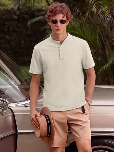 Crastimo Men's Henley Short Sleeve Shirt Stretchy Regular Fit Moisture Wicking Lightweight Soft Texture Fabric Ribbed Knitted Waffle Men Off White M - Thumbnail 6