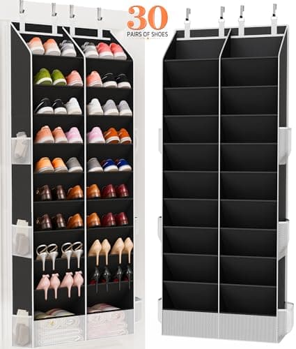 Criusia Over the Door Shoe Organizer, 20-30 Pairs Heavy-Duty Hanging Shoe Storage with Large Pockets, 10-Tier Door Shoe Rack with 4 Hooks for Sneakers Sandals Heels Boots (Black) - Image 1