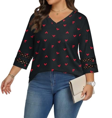 Lastshe Plus Size Tops Women 3/4 Length Sleeve Business Casual Outfits Blouses V Neck T Shirts Summer Clothes 202,Black Red Heart,4X - Image 1