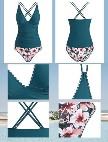 ZAFUL Tankini Swimsuits for Women V Neck Push Up Two Piece High Waisted Swimwear Color Block Tankini Swimsuit Modest Bathing Suit with Shorts (Blue Bloom XL) - Thumbnail 5