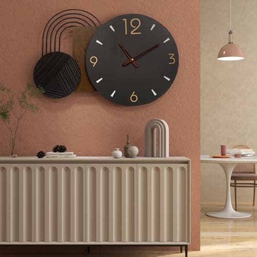 Anmotpe Wall Clock Modern Battery Operated Black Big Clocks Metal& Wood Retro Style Large Wall Watch Metal Walnut Dial Wall Clock Perfect for Modern Home,Office 26inchX18inch - Thumbnail 4