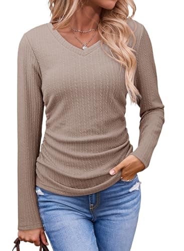 Dokotoo Going Out Tops for Women Chocolate Brown Spring Clothes Fashion Spring Outfits Solid V Neck Long Sleeve Tshirts Shirts for Women Business Casual Loose Side Ruched Slim Fitted Blouses XXL - Image 1