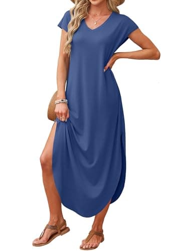 RUMIA Summer Casual Maxi Dresses for Women- Women's V Neck Cap Sleeve Long Sundress with Pockets Beach Vacation - Thumbnail 3