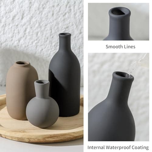 Ceramic Vase Set of 3, Rustic Farmhouse Vases Home Decor Pottery Pampas Vase Decoration Modern Neutral Flowers Vases for Room Decor, Entryway, Living Room, Table, Kitchen, Bedroom - Multicolor - Thumbnail 5