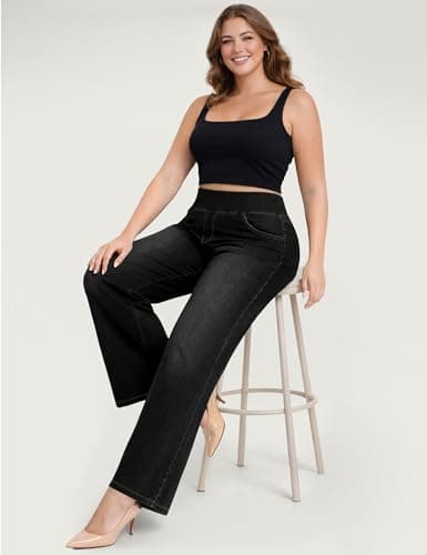 AVAMO Plus Size Jeans for Women Stretchy Wide Leg Pull On Sweatpant Jeans for Curvy Women High Waisted Baggy Denim Pants Black - Thumbnail 6