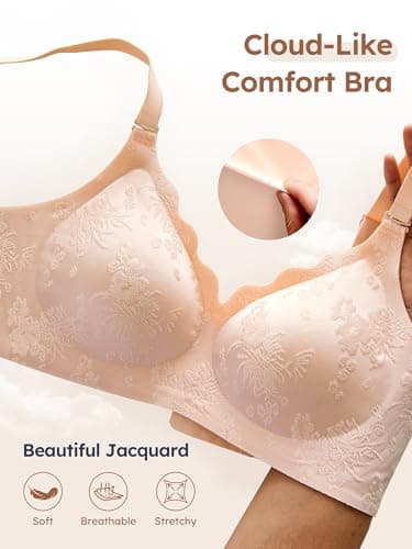 Cuteio 2 PCS Wireless Jelly Bras for Women No Underwire S/M, Seamless Comfortable Jacquard Bralettes, Padded Convertible Bra, 2PCS, S, Skin+Gray Pink - Thumbnail 2