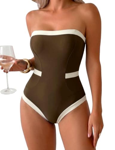 Hilor Modest Swimsuits for Women Halter One Piece Bathing Suit Sexy High Cut Monokini Swimwear Chocolate/Cream Colorblock L/US10-12 - Image 1